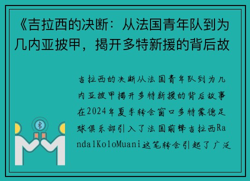 《吉拉西的决断：从法国青年队到为几内亚披甲，揭开多特新援的背后故事》