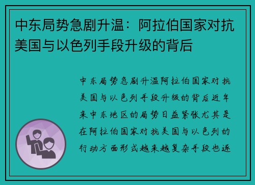 中东局势急剧升温：阿拉伯国家对抗美国与以色列手段升级的背后